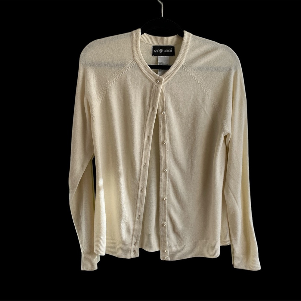 Sag Harbor Sweater Cream Button Up Pearl Buttons Medium